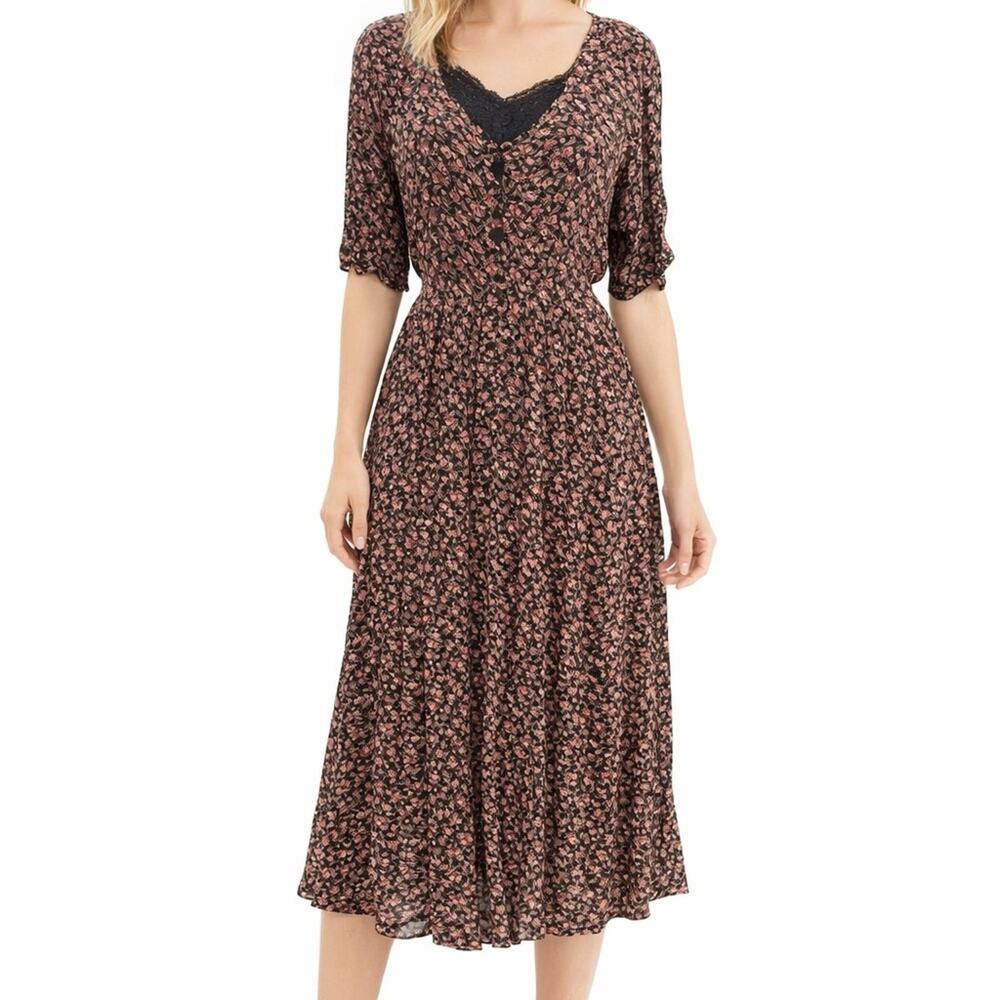 Vtg Nostalgia Floral Midi Dress Prairie Cottagecore Dark Floral Rayon Size S